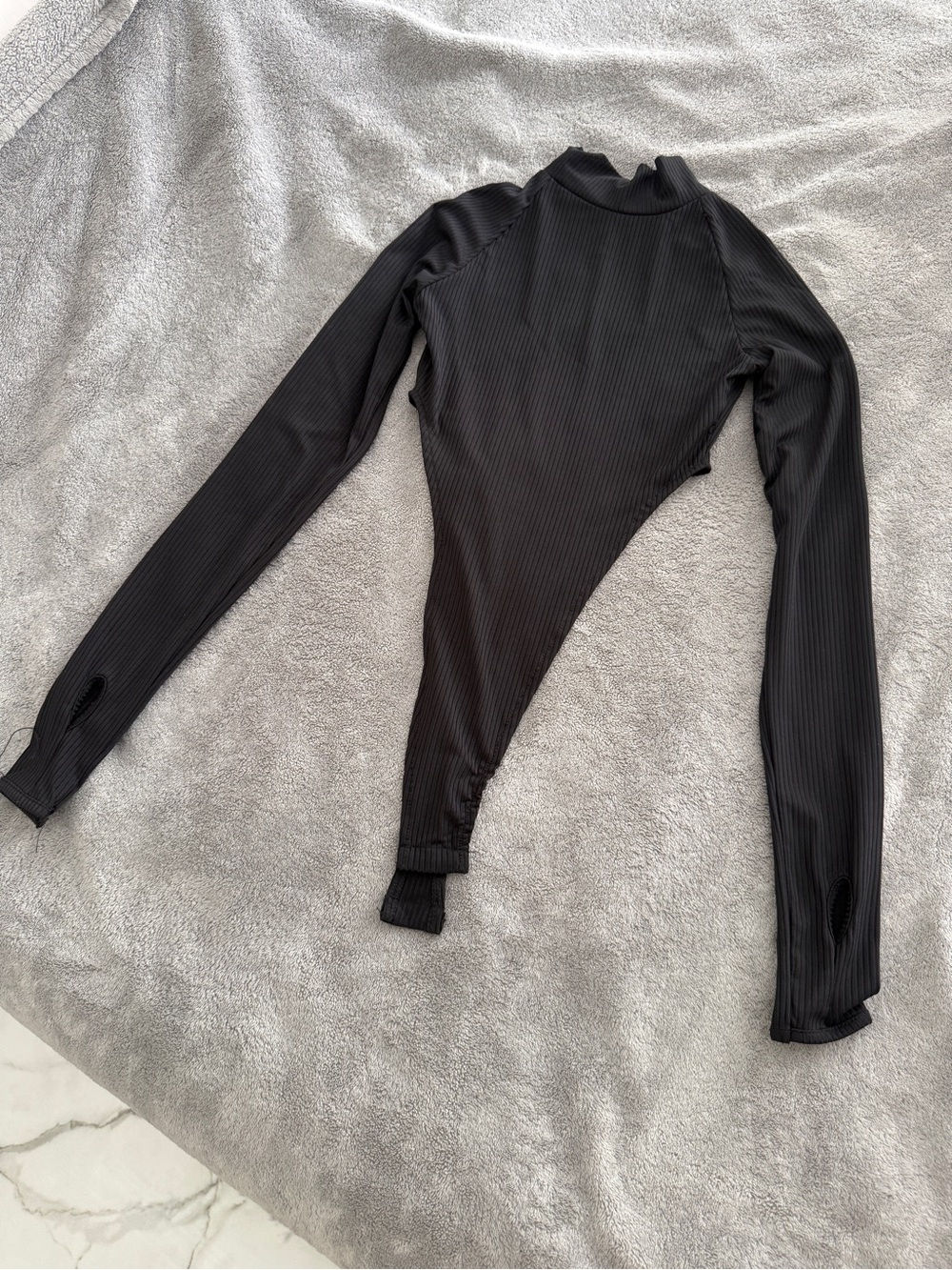 Adika Black Ribbed Long-Sleeve Bodysuit turtleneck high slit